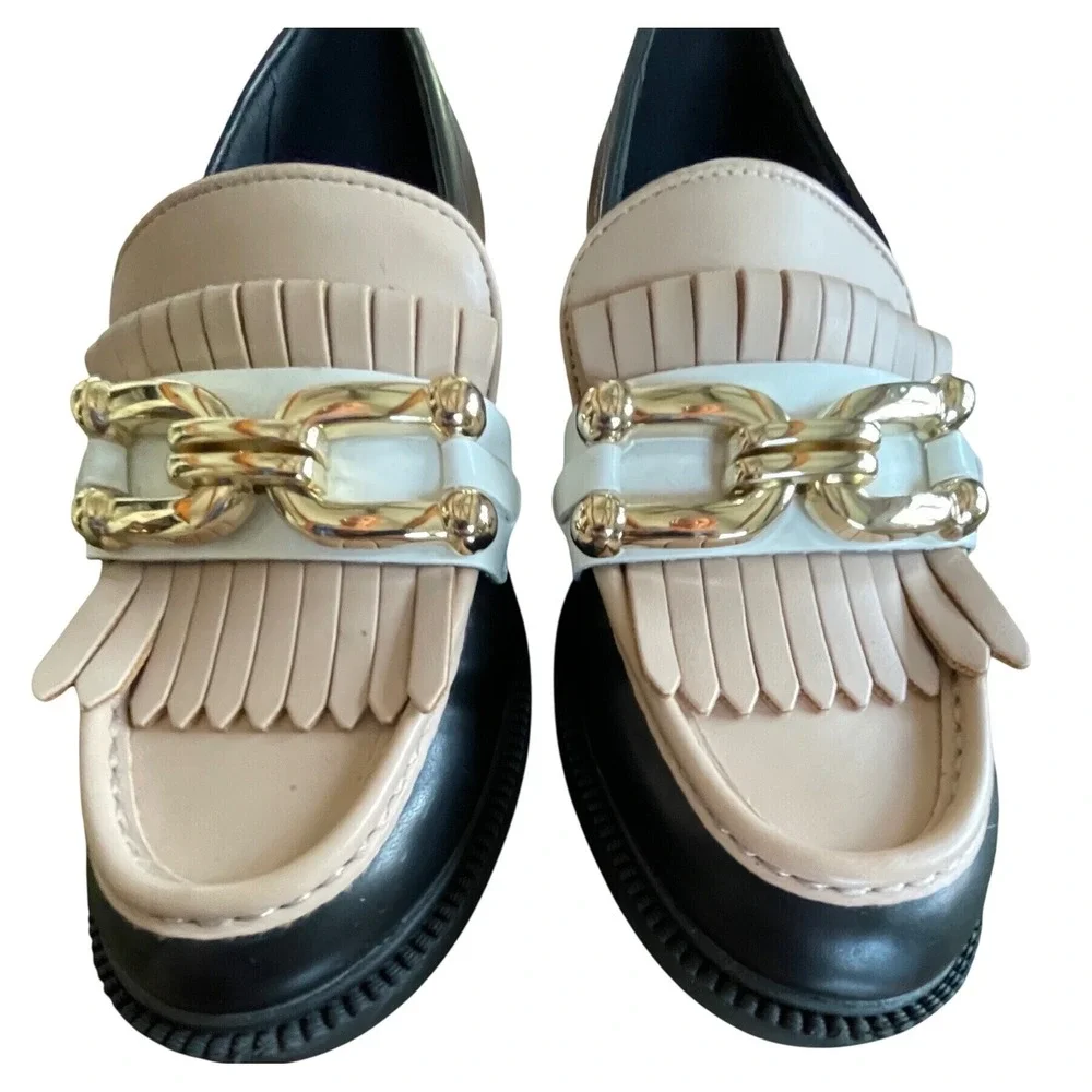 Marc Fisher Calisto Tri-Tone Kiltie Chain Loafers Black Beige White 7.5M